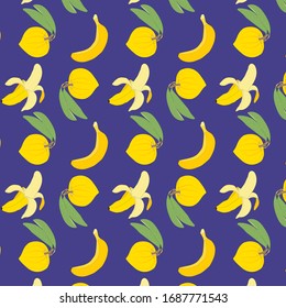 yellow canistel, lucuma or egg fruit and banana seamless pattern on blue background.