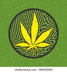 Yellow cannabis leaf in circle with strips on green grunge background