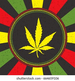 Yellow cannabis leaf in circle with strips on rastafarian grunge background
