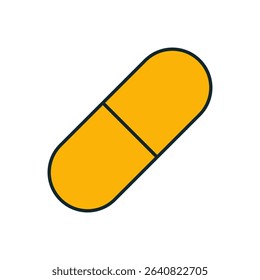 Yellow capsule pill icon in flat style with bold black outline isolated on white background