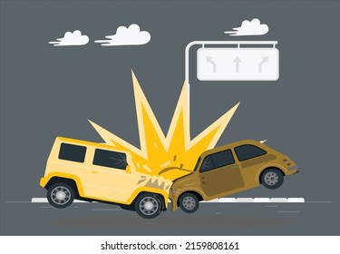 Der gelbe Autounfall traf vor einem gelben Auto. Die Vorderseite des gelben Autos war schwer beschädigt, bis das Öl aussickerte. Gelbes Auto hintere Stoßstange gebrochen. Auf Asphaltstrasse und breiten Wiesen während des Tages.