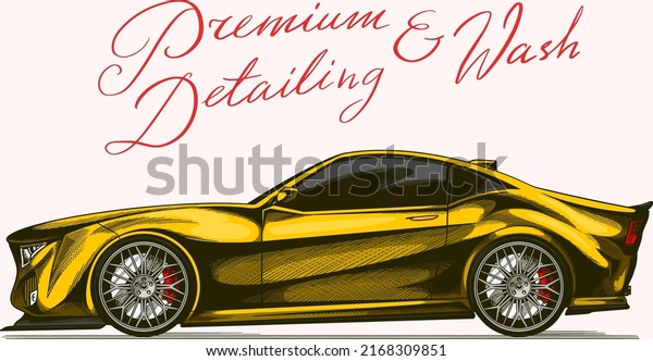 Yellow car. Auto detailing. Dry cleaning motor. Emblem\
or logo for Vehicle service or Automobile center. Hand drawn sketch\
line. 