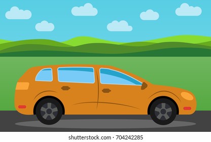 Yellow car in the background of nature landscape in the daytime.  Vector illustration.