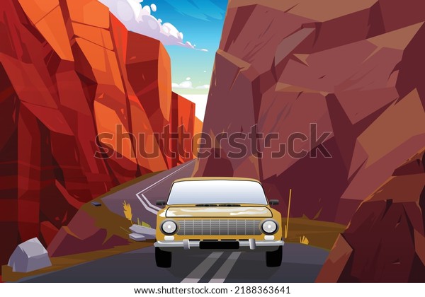yellow car with background under the cliff and under\
the sky