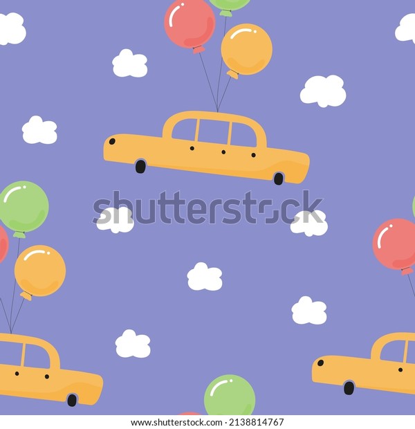 Yellow car\
with balloons vector illustration for birthday invitation, textile,\
fabric, wrapping paper,\
wallpaper