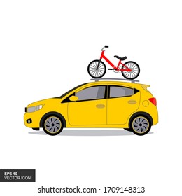 Yellow Car With Bike On The Roof Rack. Vector Flat Illustration.
