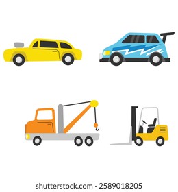 Yellow car, blue car, tow truck, and forklift in a parking lot. Perfect for transportation, towing services, or automotive industry concept.