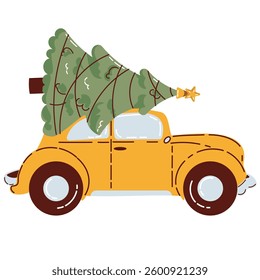 Yellow Car Carrying Decorated Christmas Tree on Top, Festive Holiday Transportation