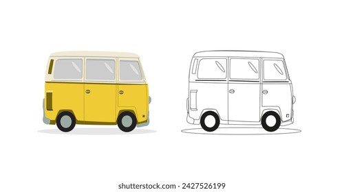 Coche amarillo en estilo de dibujos animados. Modelo de libro para colorear para niños. Divertido autobús para colorear con ejemplo. Concepto de transporte moderno. Ilustración plana del vector de la línea de transporte del automóvil