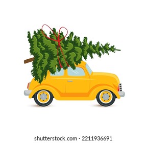 Yellow car with a Christmas tree, a postcard on a white background. Vector, flat style illustration