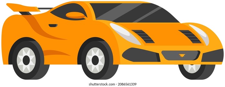 Yellow car for city trips. Hatchback, sport, passenger car, sedan. Automobile with tinted glass. Transport with two doors for driving along city roads. Vehicle, hatchback on white background