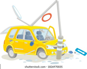 Yellow car crashed into a lamppost on a road, vector cartoon illustration isolated on a white background