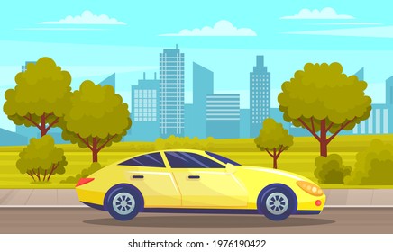 Yellow car drive on road in city against tall buildings and alley with large trees. Urban road summertime flat vector illustration. Car tourism, family auto trip, journey, automobile transport