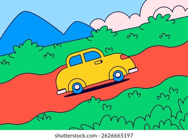 Yellow car driving along a winding red dirt road through a green countryside with rolling hills, blue mountains, and fluffy clouds cartoon vector illustration for  travel-themed graphics
