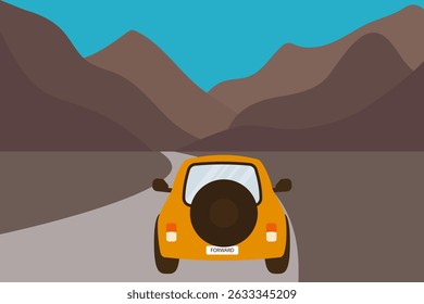 yellow car driving on empty road, mountain landscape