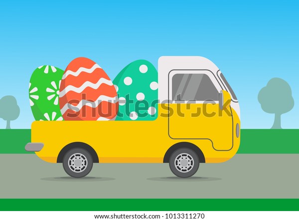 Yellow car with Easter\
eggs