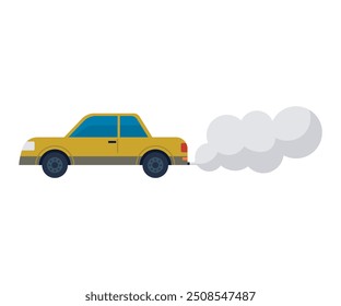 Yellow car with exhaust smoke icon, simplistic flat design, symbolizing pollution and environmental impact.