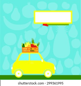 Yellow car with fruits.  Vector illustration