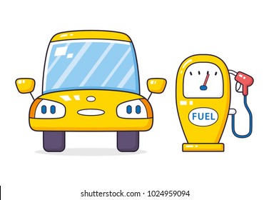 Yellow car and fuel pump isolated, gas filling station cartoon icons.