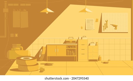gelbe Automobil-Garage, flache Design-Hintergrund-Illustration mit Werkzeugen