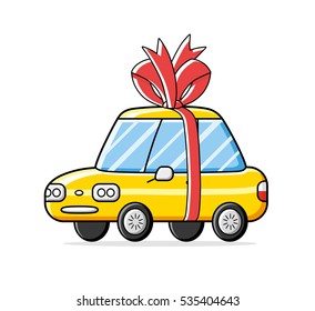 Yellow car gift with a red bow and ribbon isolated.