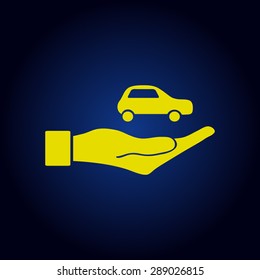 Yellow car in hand - vector icon  on a blue background