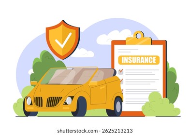 Yellow car, insurance checklist and shield symbol shown in cartoon style on outdoor background with trees and clouds. Concept of vehicle insurance. Vector illustration
