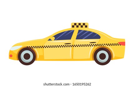 camión amarillo aislado sobre fondo blanco. Tipo Sedan auto, taxi. Vehículo de ruedas utilizado para transportar personas. Automóvil para conducir y obtener su destino rápidamente. Ilustración del vector en estilo plano