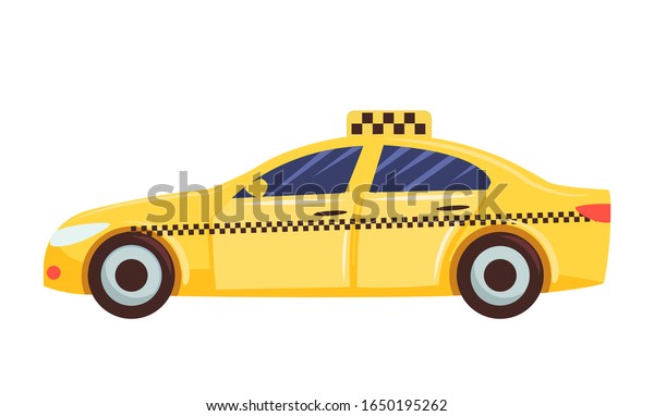 Yellow car isolated on white background. Sedan type\
auto, taxi. Wheeled vehicle used for transportation people.\
Automobile to drive and get your destination quickly. Vector\
illustration in flat\
style