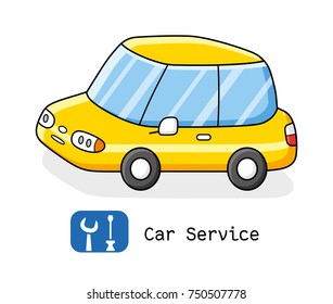 Yellow car isolated, wrench and screwdriver garage repair service tools icon.