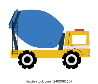 A yellow car with large wheels carries cement mortar. Large machine for construction work. Children's toy car. Vector illustration in flat style