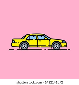 Yellow car line icon. Simple motor vehicle graphic. Taxi cab symbol isolated on pink background. Vector illustration.