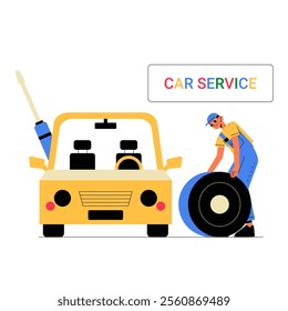 Yellow Car With A Male Mechanic Changing A Tire In Flat Vector Illustration Symbolizing Car Repair, Maintenance, And Automobile Service, Isolated On White Background.