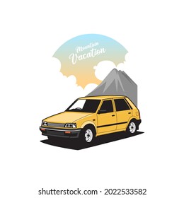 Yellow Car With Mountain Background. Parked and Waiting the Sunset. Automotive Illustration Concept Design