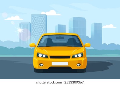 Yellow car on city background. Web banner design. Vector illustration