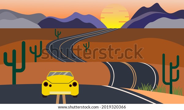 Yellow car on the long and winding road that\
leads to horizon. Road trip\
concept