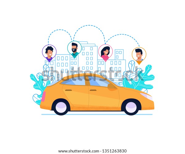 Yellow Car\
on Route in City. Flat Geolocation Icon Pointer of Travel\
Companion. Line Cityscape with Building. Modern Economy Automobile\
Rent. Vector Carsharing Cartoon\
Illustration.