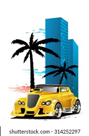 Yellow car on the town. Muscle car. American classic muscle car hot rod. Hot rod parts & restoration of tech car club.