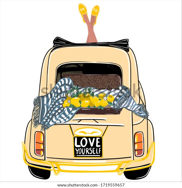 Yellow car on white background. Lemons on a car. Italian\
car for travel. 