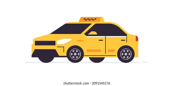 Yellow car of online taxi ordering service. Yellow car rear view. Urban cab service. Checkers on the roof. Vector illustration isolated on background.