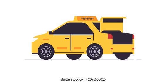 Yellow car of online taxi ordering service. Yellow car rear view. Urban cab service. Open trunk. Vector illustration isolated on background.
