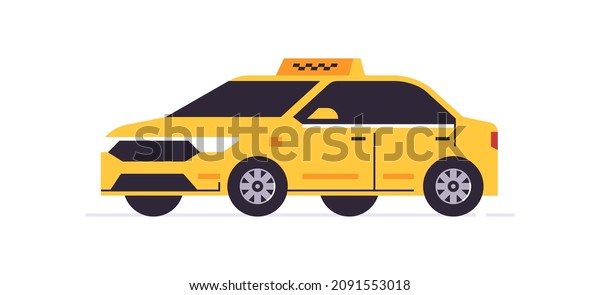 Yellow car of online taxi ordering service.\
Yellow car rear view. Urban cab service. Checkers on the roof.\
Vector illustration isolated on\
background.