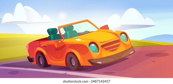 Yellow car parked against green field background. Vector cartoon illustration of modern cabriolet auto on road, summer landscape with grass and sunny blue sky, rental or maintenance service banner