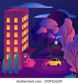 Yellow car parked near an apartment house. Man and woman stand near house at night. Town landscape at night, vector illustration