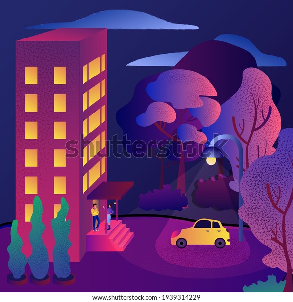 Yellow car parked near an apartment house.\
Man and woman stand near house at night. Town landscape at night,\
vector illustration