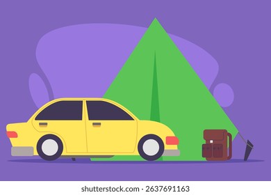 Yellow car parked next to green tent on purple background. Camping equipment such as backpack placed nearby, suggesting fun outdoor adventure