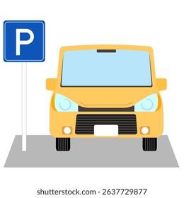 A yellow car parked in a parking space