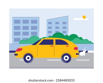 Yellow car is passing on the road, driving safely in the city. Design character. Vector flat illustration