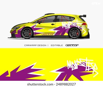 Yellow car with purple and white graphics suitable for automotive blogs, social media posts, and advertising campaigns for fun, vibrant content.