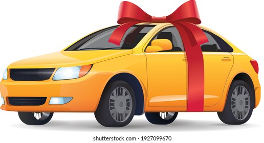 Yellow car with a red ribbon. Car birthday gift, surprise.